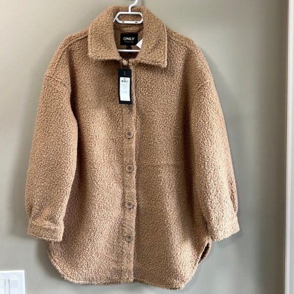 NWT Only Tan Teddy Style Long Sherpa Jacket Size Large - Picture 1 of 9